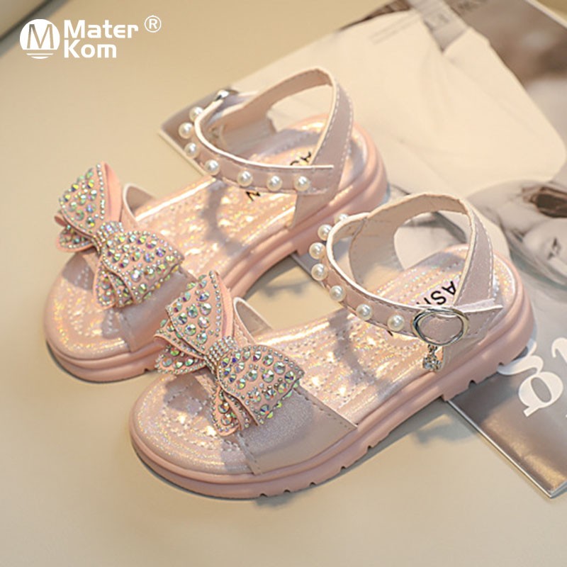 Size 26-36 Children Bowknot Pearl Princess Shoes For Girls Soft Sole Crystal Beach Shoes For Kids Girls Open Toe Light Sandals