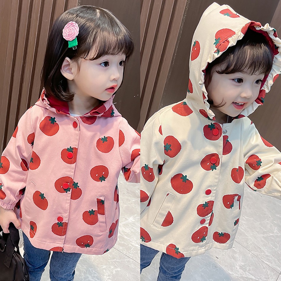 Spring Windbreaker Baby Girl Strawberry Dot Hooded Trench Coat Children Clothes Kids Jacket For Girls Outerwear JYF