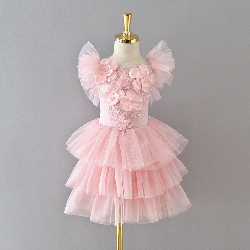 2022 Summer Mesh Cake Dress Party Dress Kids Clothes Clothes For Girls Pink Princess Dress