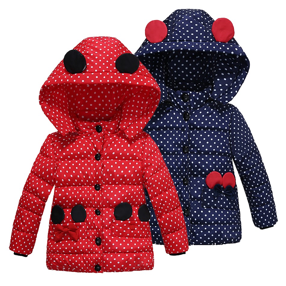 Infant Autumn Winter Jacket For Baby Girls Down Children Bowknot Outerwear Coats Dot Hooded Cotton Kids Clothes