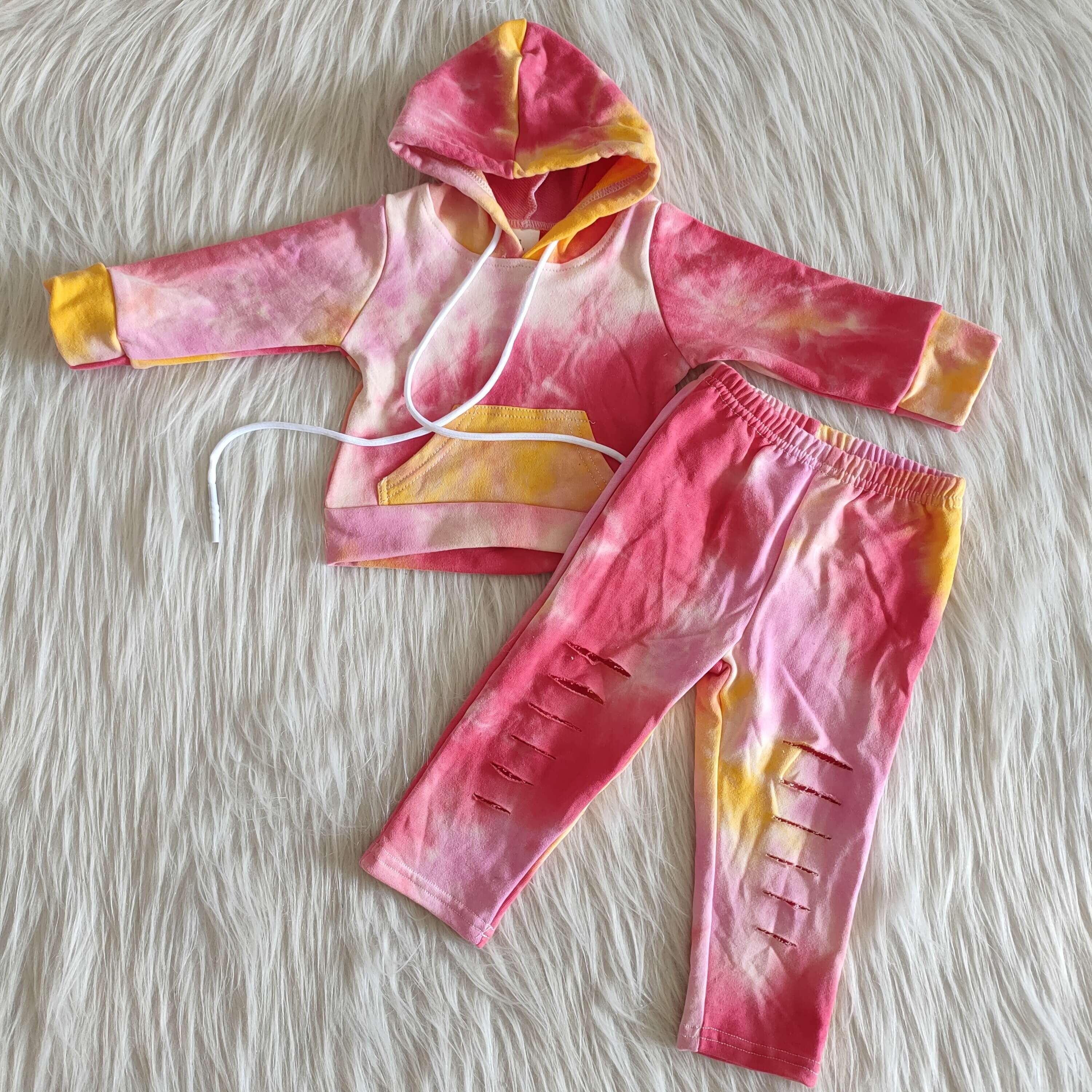 RTS wholesale designer clothes tie-dye long sleeve tops and pants set kids boutique outfits designer clothes