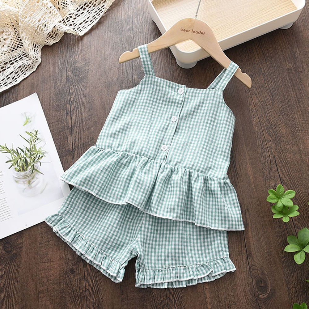 Menoea 2-Pieces Fashion Children's Clothing Sets New Summer Baby Girls Plaid Suspenders Vest Shorts Suits Kids Outfits