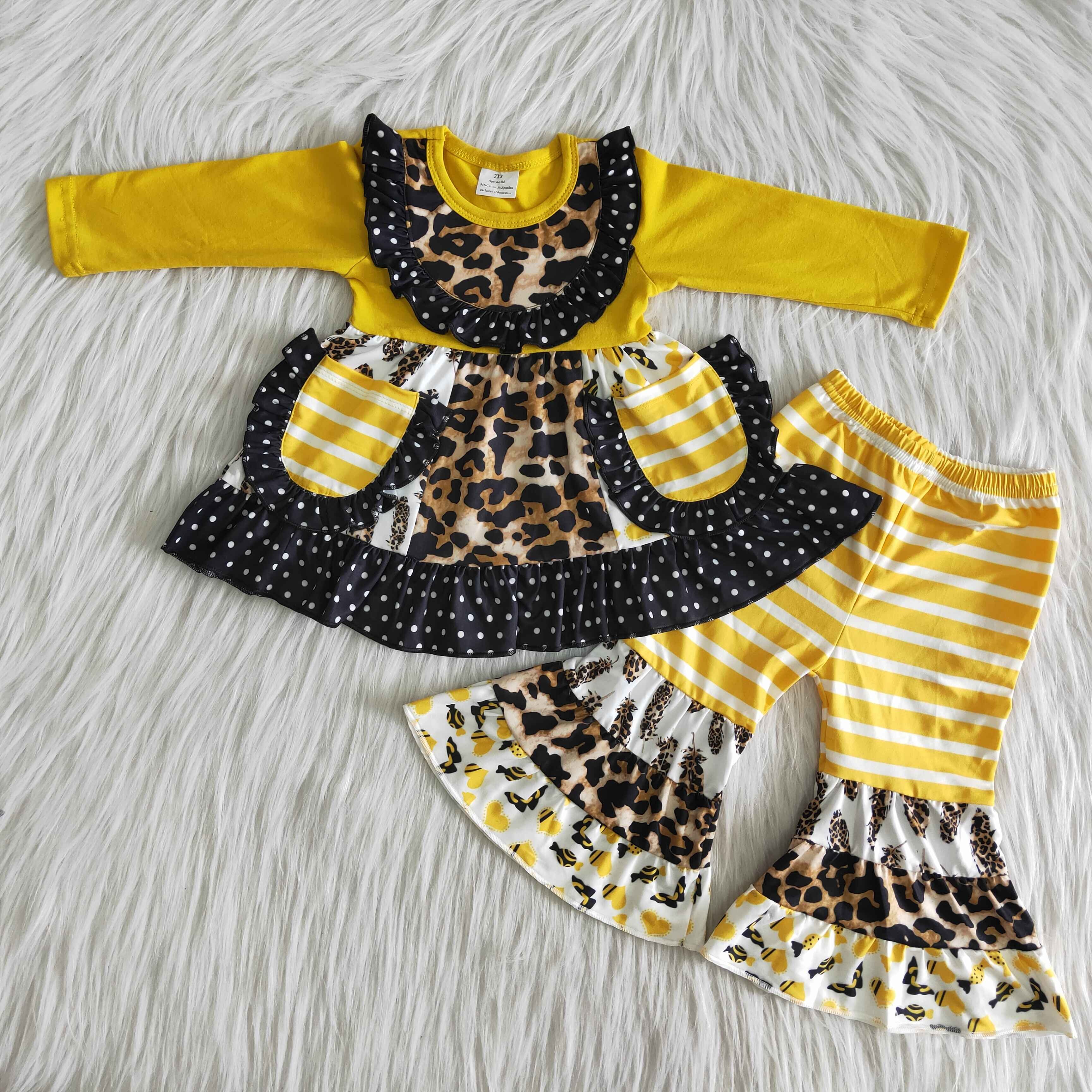 New Lovely RTS Wholesale Cute Little Pocket Leopard Baby Girls Tops Bell Bottoms Outfits Boutique Kids Autumn Clothes Sets