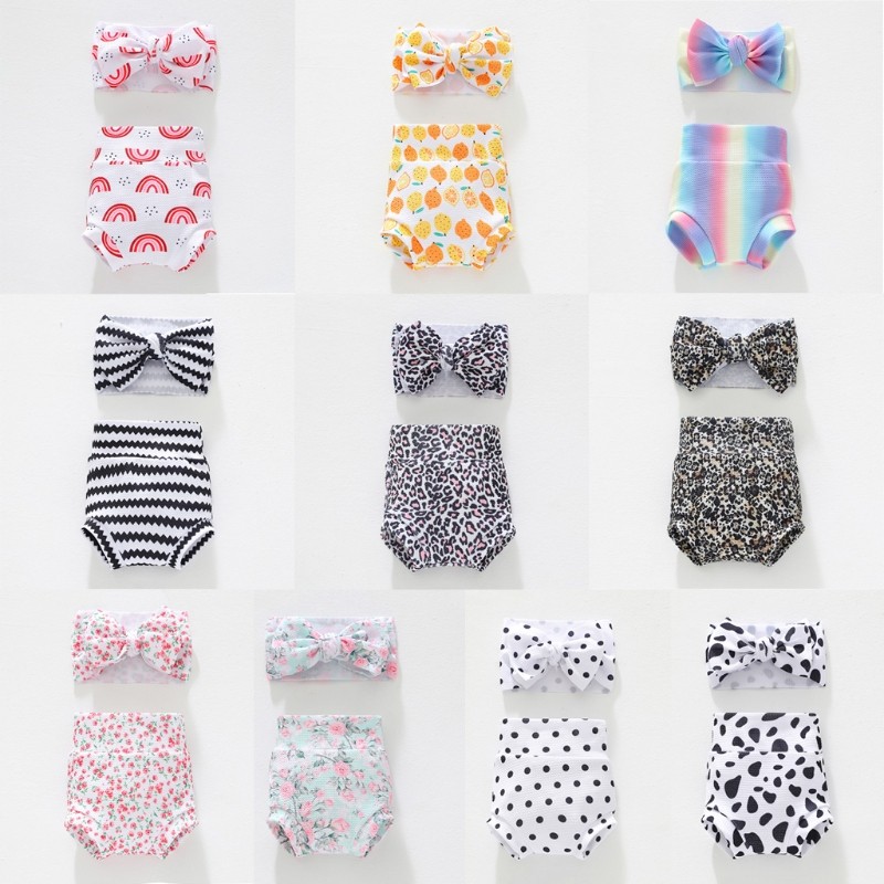 1 Set Baby Boy Baby Girls Pants Floral Dots Baggy Pants Bloomer Princess Diaper Cover and Bowknot Headband Set