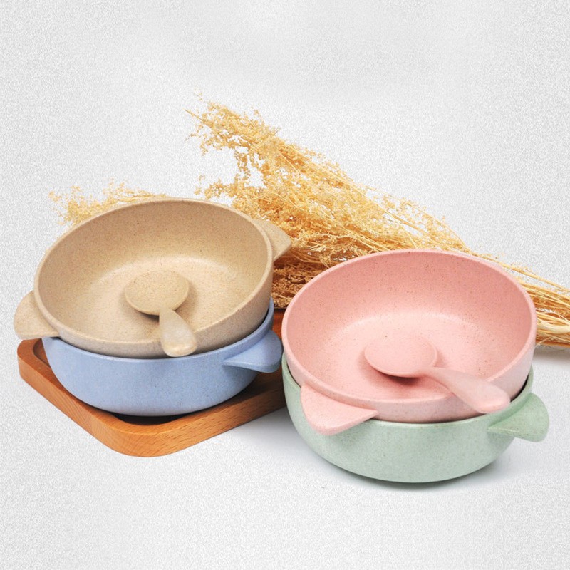 2pcs Baby Feeding Cutlery Set Eco-friendly Wheat Straw Infant Plate Children Dish Utensils Kids Anti-hot Training Bowl Spoon