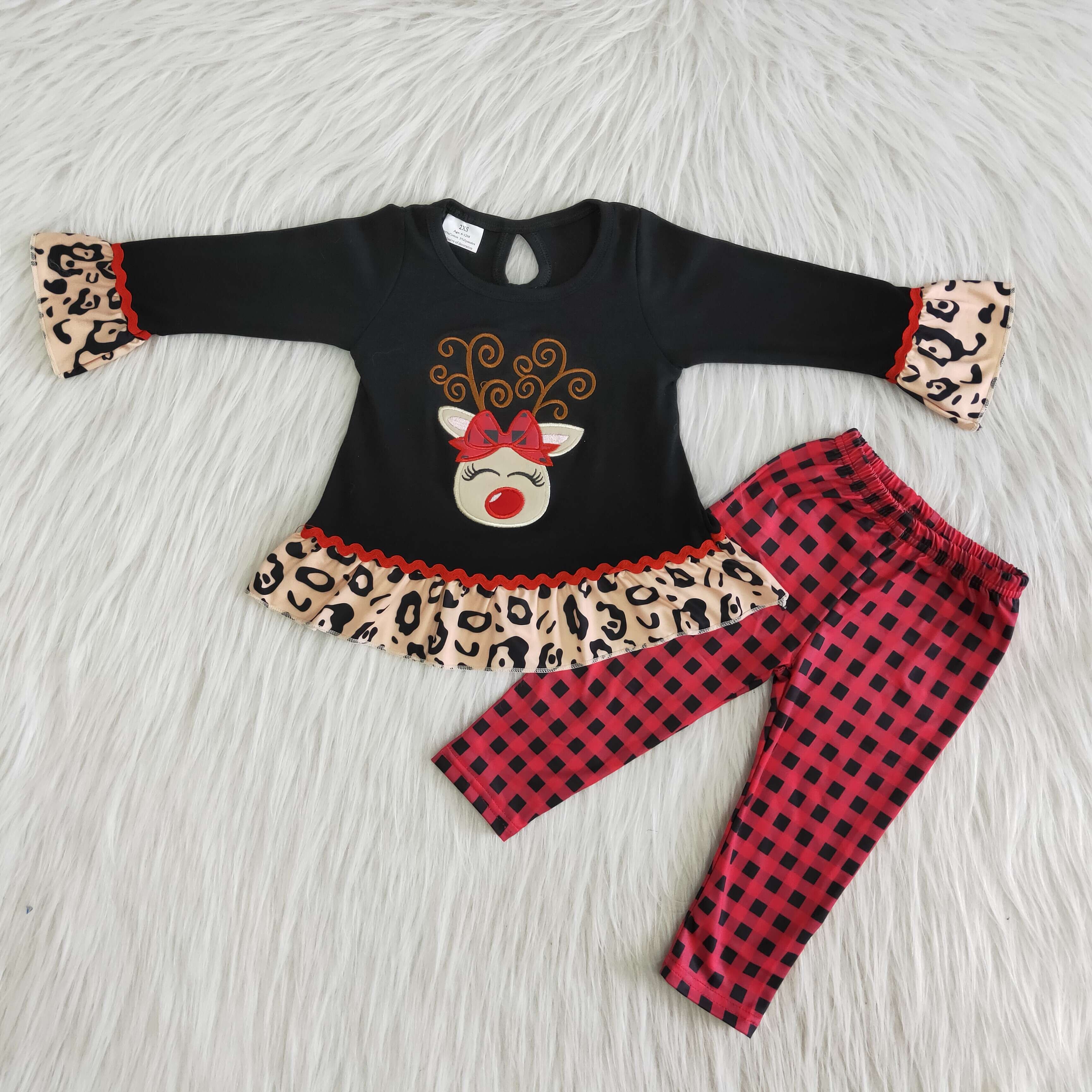 RTS wholesale cute little baby girls embroidery deer tops outfits boutique kids christmas clothing sets