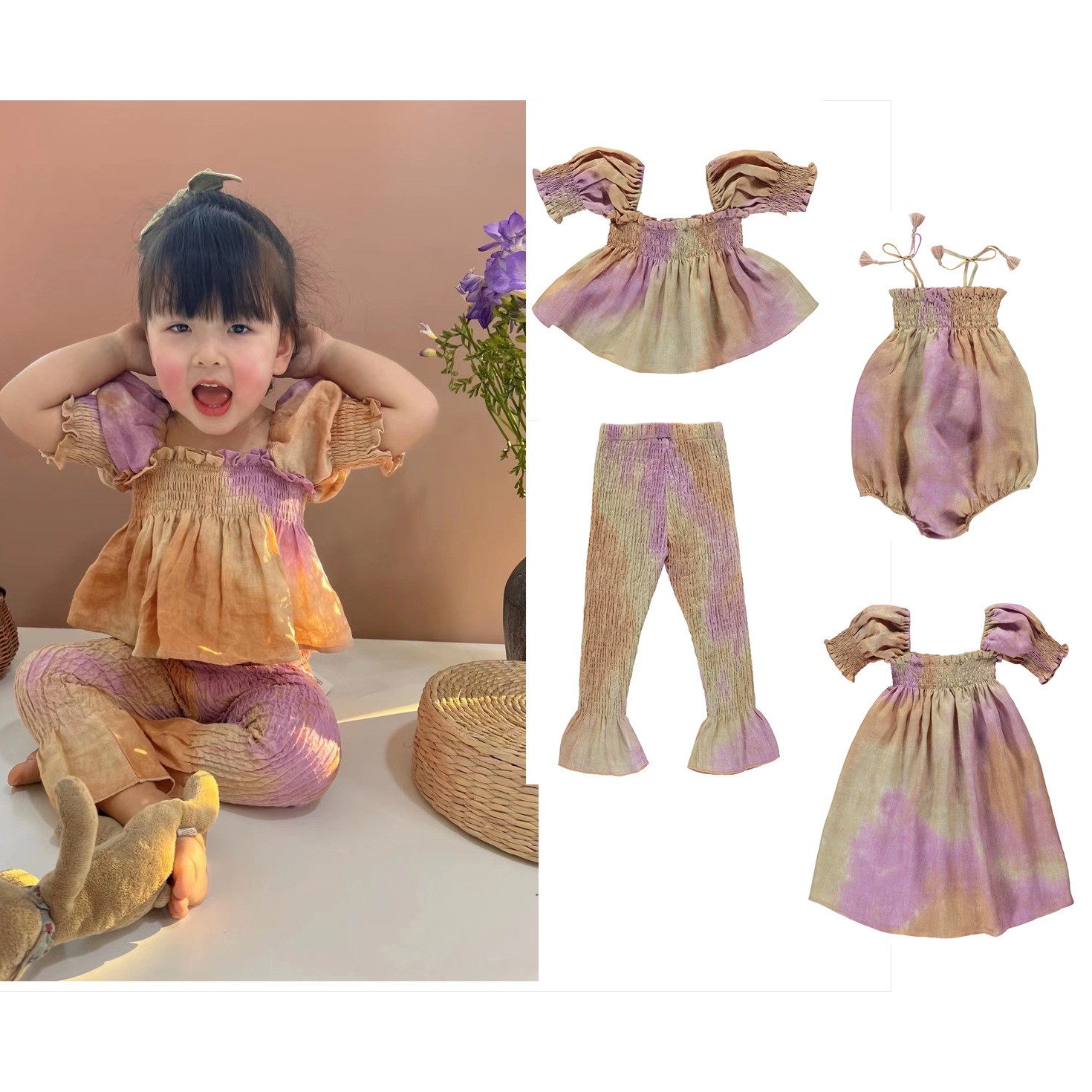 Girls Dress Ins Hot Style 2022 Spring/Summer BeO Series Linen Tie Dye Cute Suits Blouse Tops Trousers Suits Baby Bodysuits