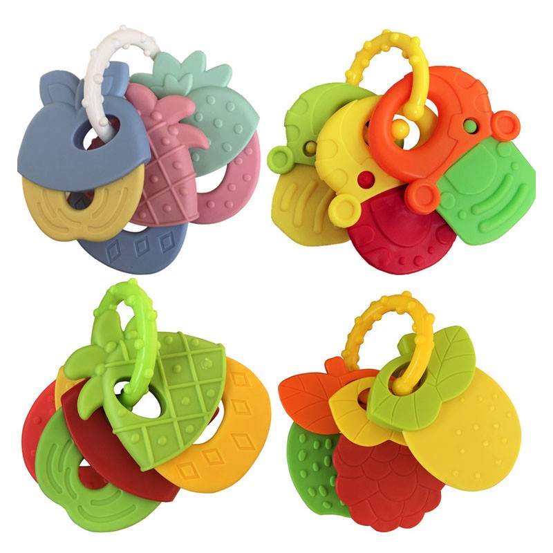 Baby Fruit Pattern Soft Rubber Rattle Toy Teether Newborn Chews Food Grade Silicone Teething Infant Training Bed Toy Chewing Baby Toys