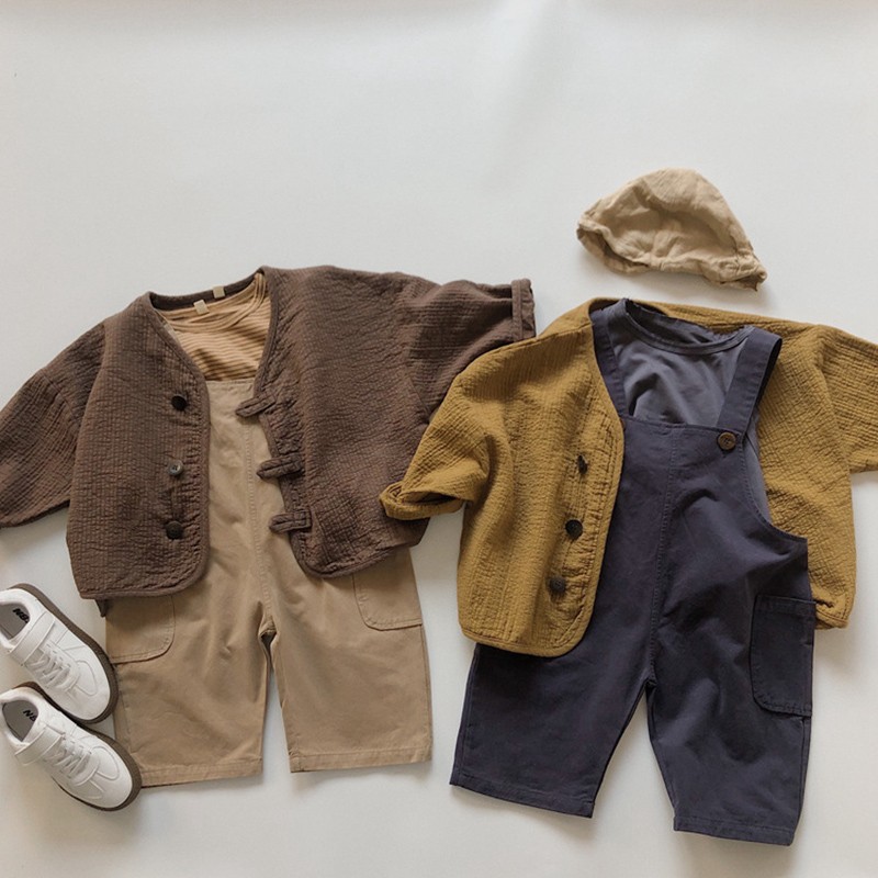 YG Spring and summer new children's cotton and linen jacket boys retro loose button jacket girls coat plain children's wear