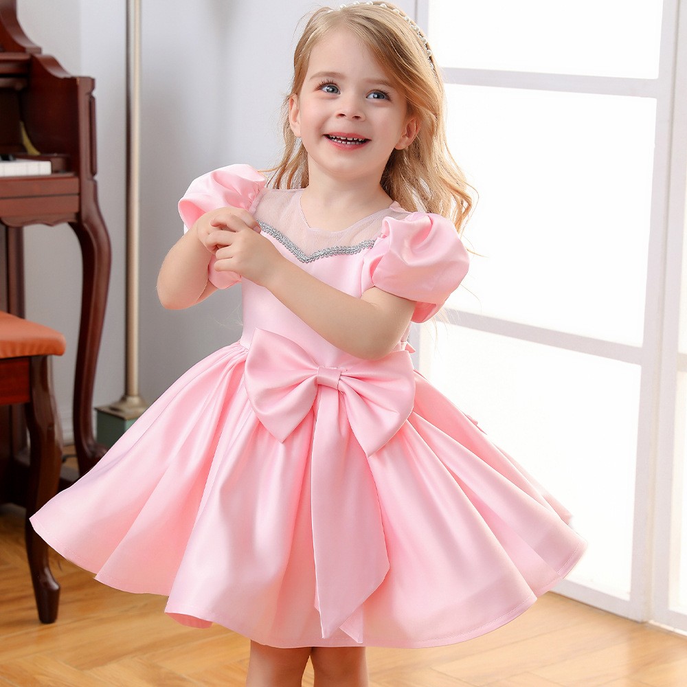 Pink Puff Sleeve Baby Girl Dress Bowknot White Party Dresses for Girls Wedding Birthday Festive Kids Things Children 1-12Y