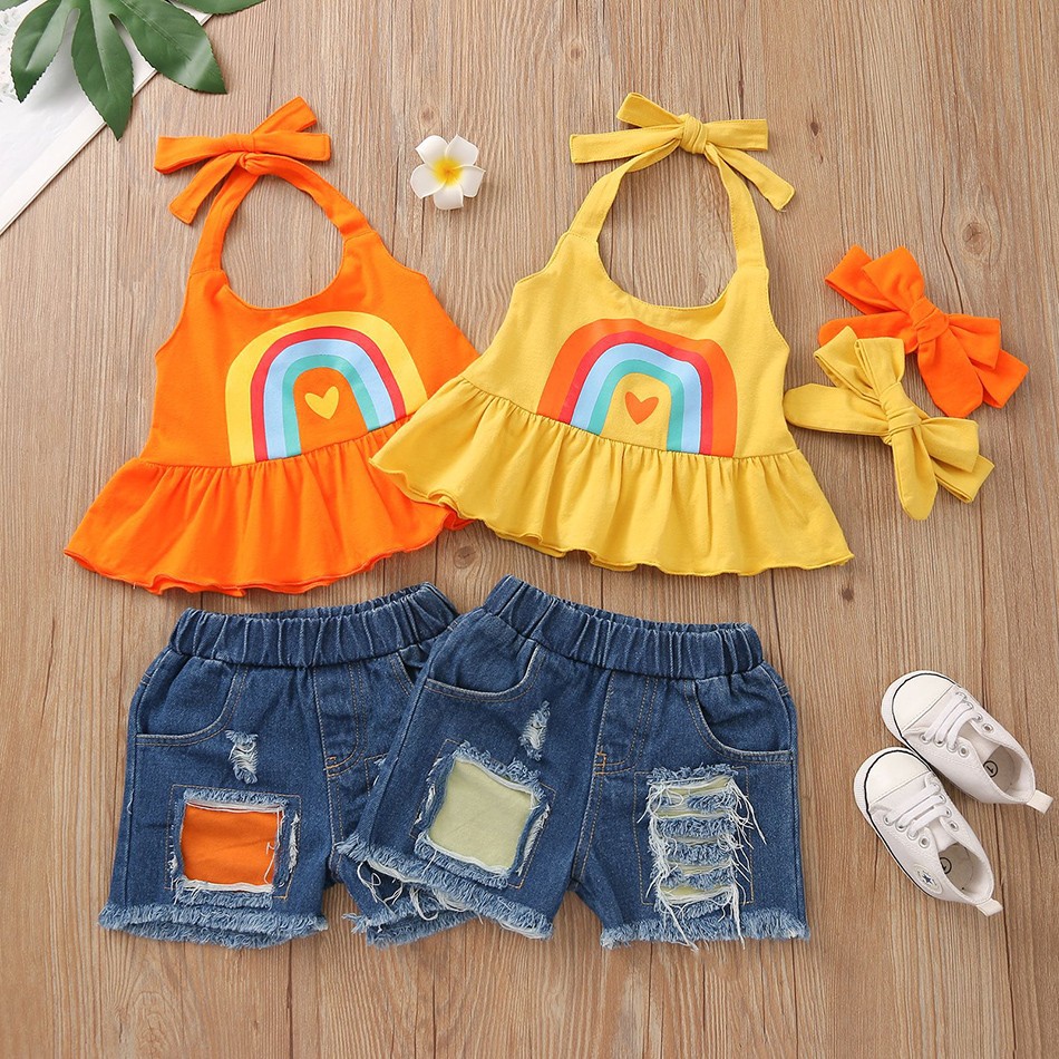 Baby Girl Fashion Clothes Set Rainbow Print Sleeveless Ruffle Blouse Jeans Hole Shorts With Headband Set JYF