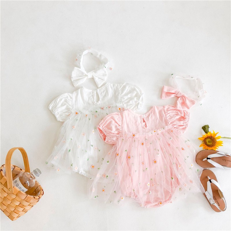 Newborn baby girl clothes summer infant princess floral tulle dress with jumpsuit bow headband baby girl clothes