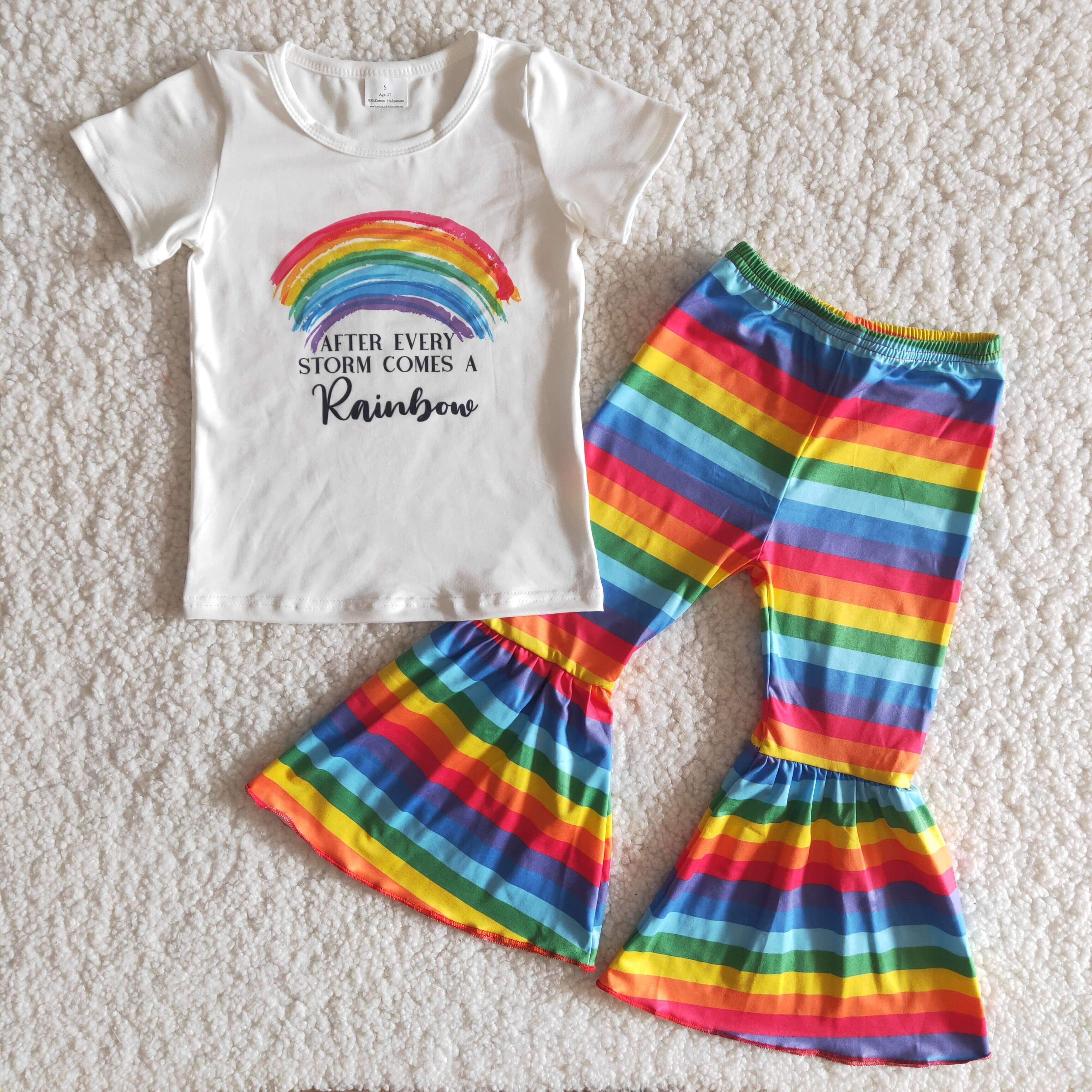 Girls Cartoon Pants Set Rainbow Kids Clothes Short Sleeve Shirt Bell Bottoms Wholesale Free Shipping 2021