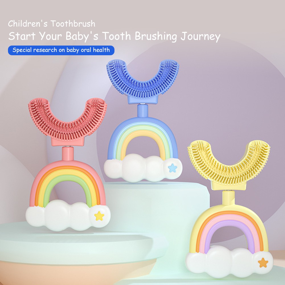 Children Silicone Toothbrush U Shape Rainbow Clouds 360 Degree Soft Teeth Brushing 2 - 12Y Toddlers Oral Teeth Cleaning