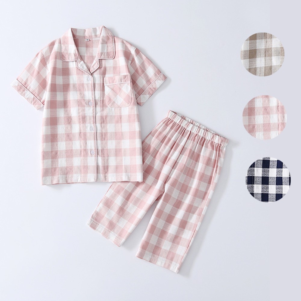 Pink White Girls Plaid Pajamas Set Summer Short Sleeve Top + Pants Baby Sleepwear Pajamas Toddler Sleepwear