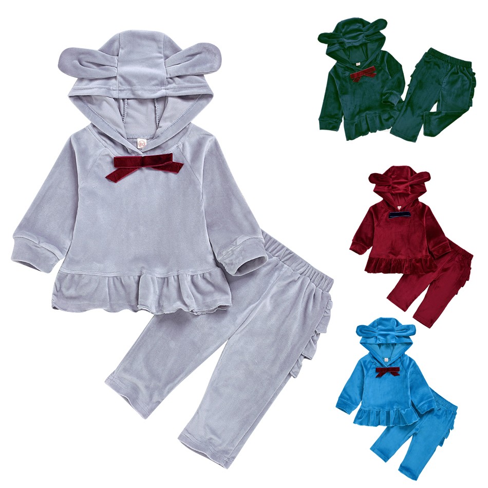 Cartoon Velvet Tracksuit Eear Ruffle Kids Children Clothing Set Autumn Winter Girls Baby Costume 2pcs Suit