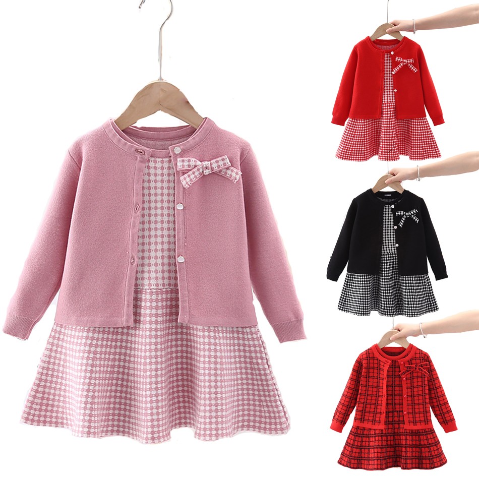 Two Pieces Baby Girls Winter Clothes Knitted Love Sweater Coat Knit Dress Outfits Autumn Casual Kids Toddler Clothes Set