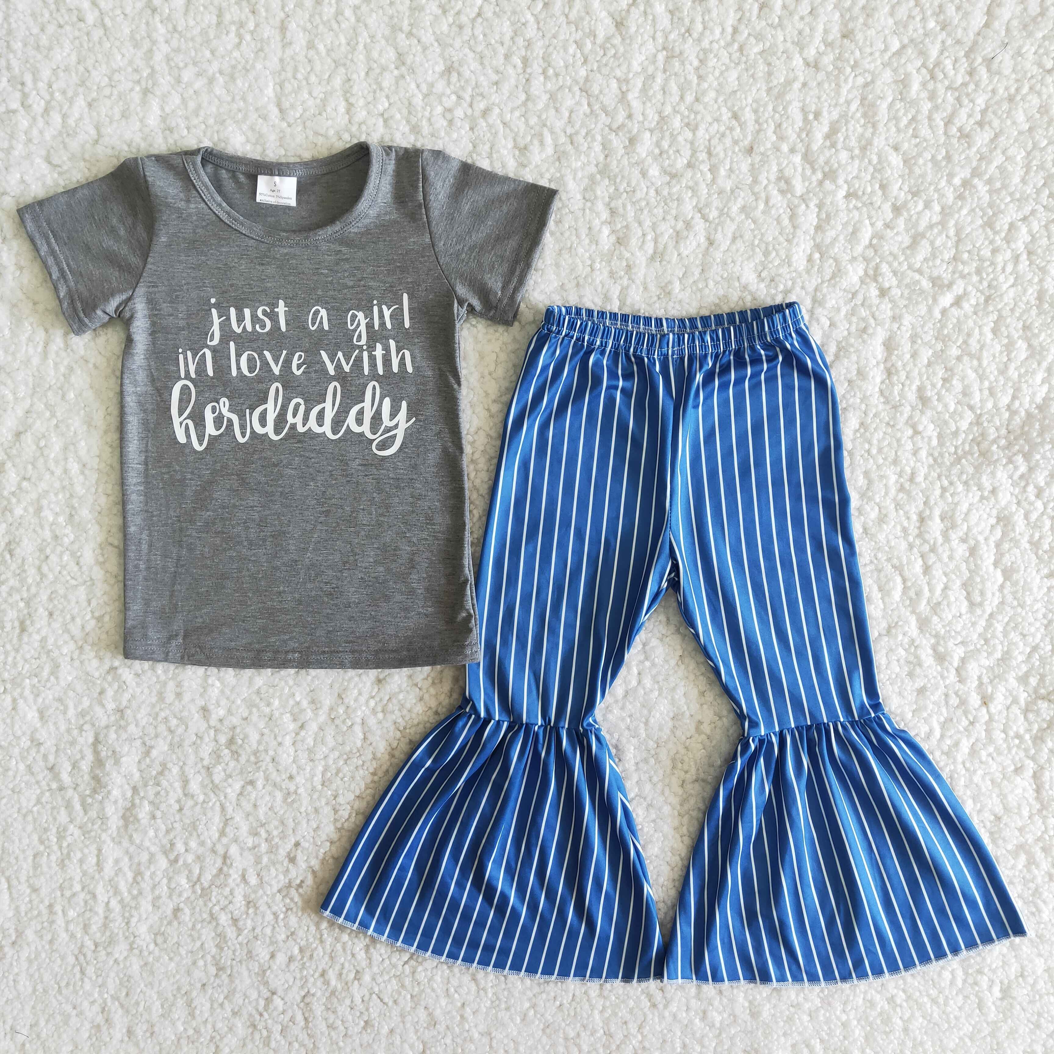 Children's short sleeve vinyl clothing set, striped shirt, bell bottoms, boutique, wholesale