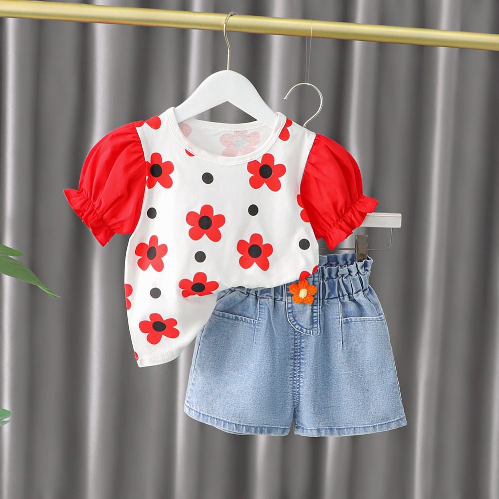 Girls suit 2022 new summer Korean style children's summer clothes baby girls small flower short-sleeved clothes two-piece suit