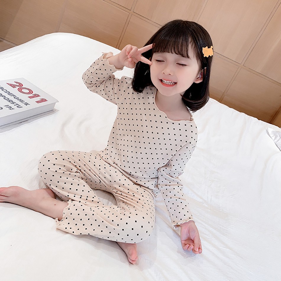 Autumn Winter New Baby Boys Girls Cute Polka Dot Pajamas Set Baby Kids Sweet Long Sleeve Ribbed Cotton 2pcs Clothes Suit