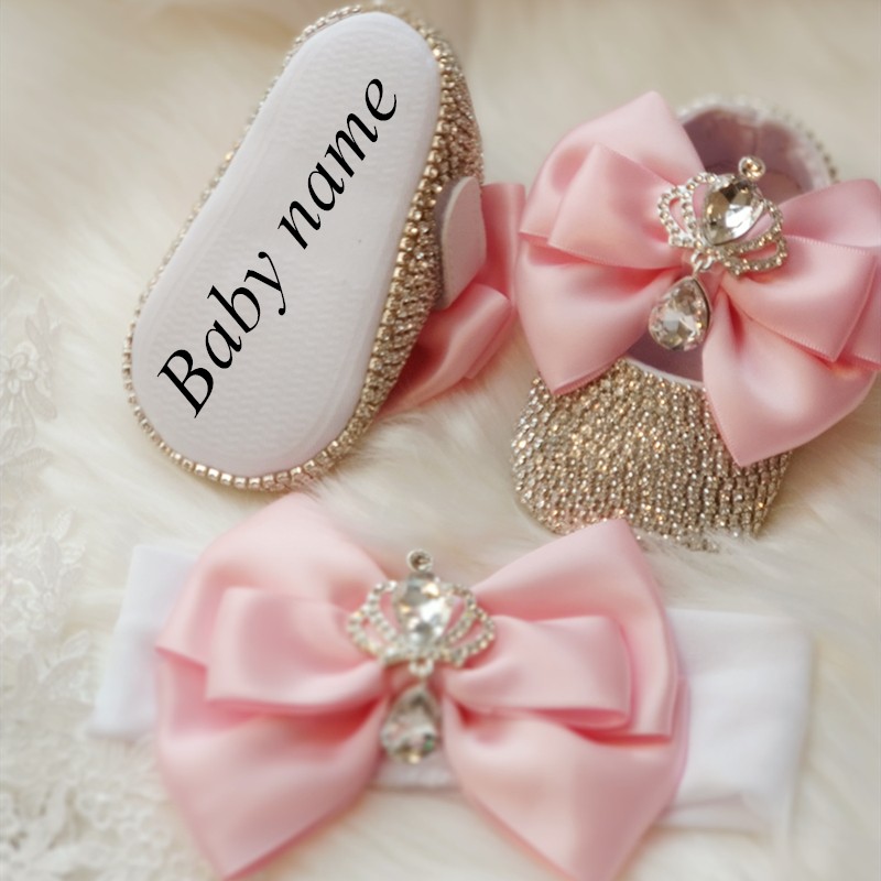 Dollbling Baroque Pink Rhinestones Baby Girl Shoes First Walker Headband Set Sparkle Crystals Princess Baby Shower Shoes SH3