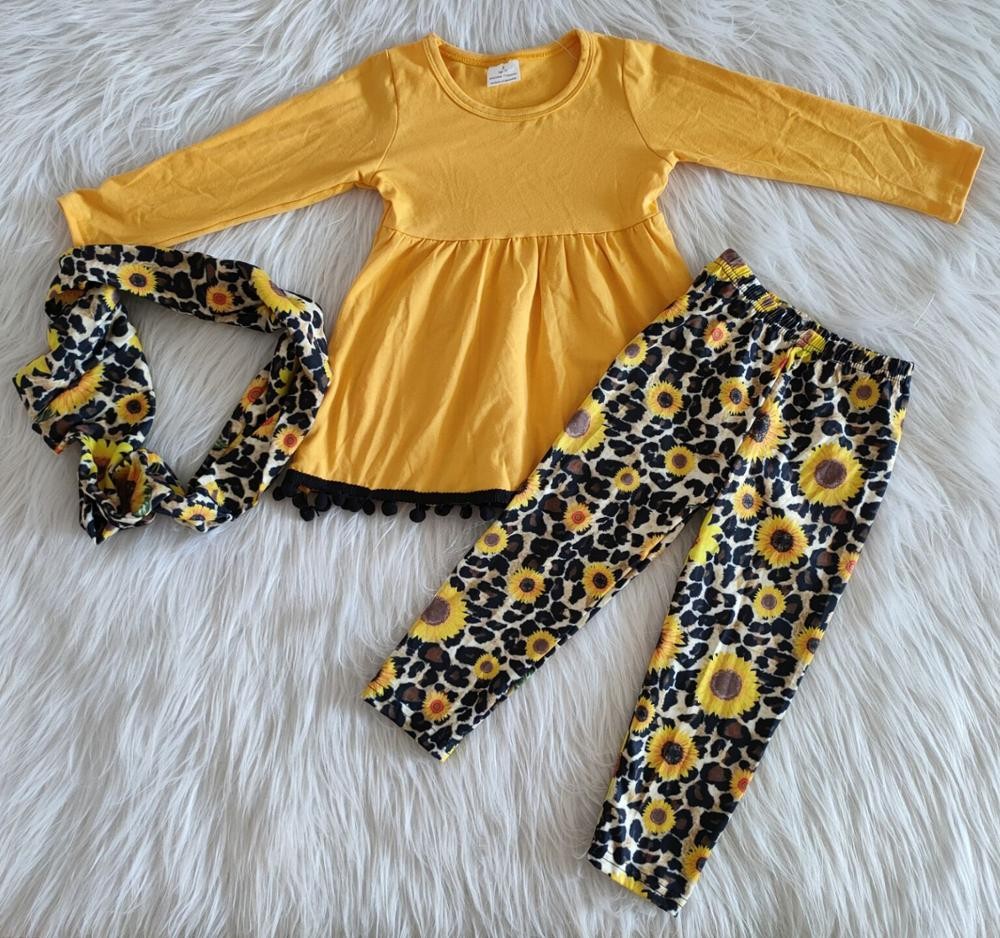 Fashion 3pcs baby children clothes scarf and long sleeve tops sunflower pants spring autumn boutique kids clothing sets