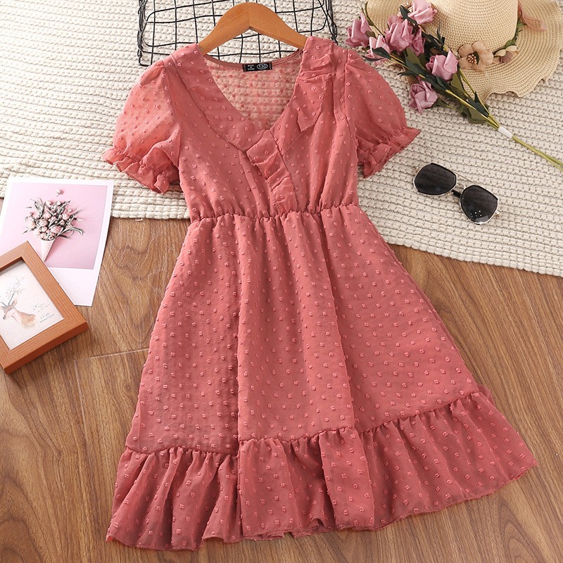 5-12 Years Girls Summer Spaghetti Strap Dress Short Sleeve V-Neck Fashion Kids Clothes Princess Robe Dresses