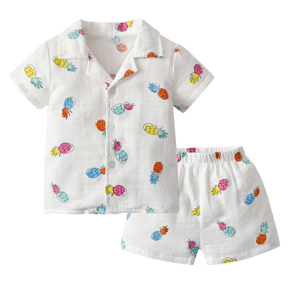 Pineapple Print Cotton Girls Sleepwear Kids Pajamas Sets Summer Short Sleeve Loafers Suits Girl Sets Summer Kids Clothes