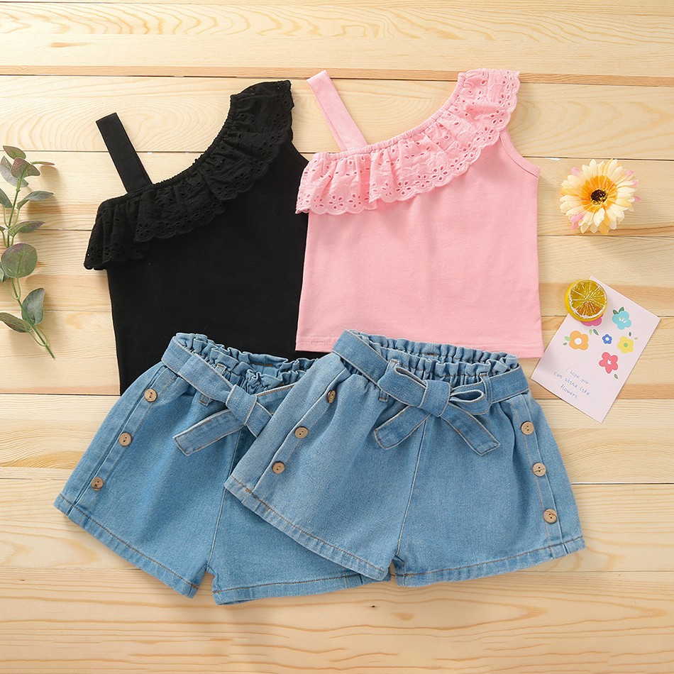 New Summer Girls Top + Denim Short Pants 2pcs Kids Outfits Clothes Toddler Children Costume For 1-6 Years