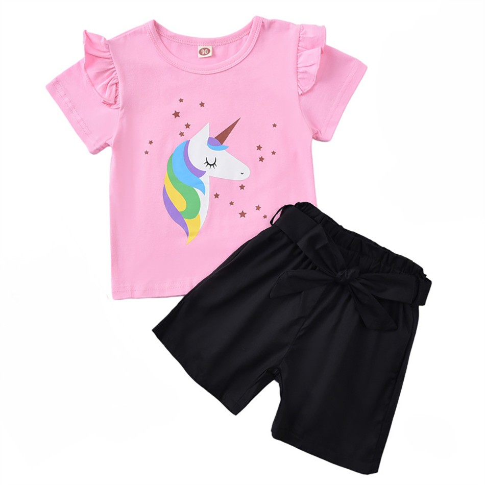 For 1-6 Years Girls Unicorn Outfit Clothes Summer Top Short Pants Kids Clothes 2pcs Baby Costume Children