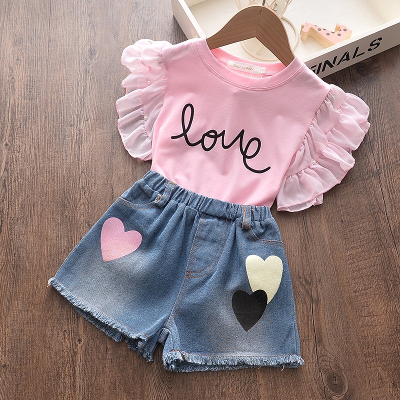 Menoea Kids Clothes Suits 2022 New Summer Fashion Children Lettern Printed T-shirt + Denim Shorts Sets Baby Girls Casual Clothes