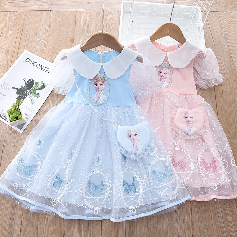 Summer Korean Lovely Lace Elsa Frozen Baby Clothes Short Sleeve Princess Dress Birthday Party Little Girls Costume Vestidos