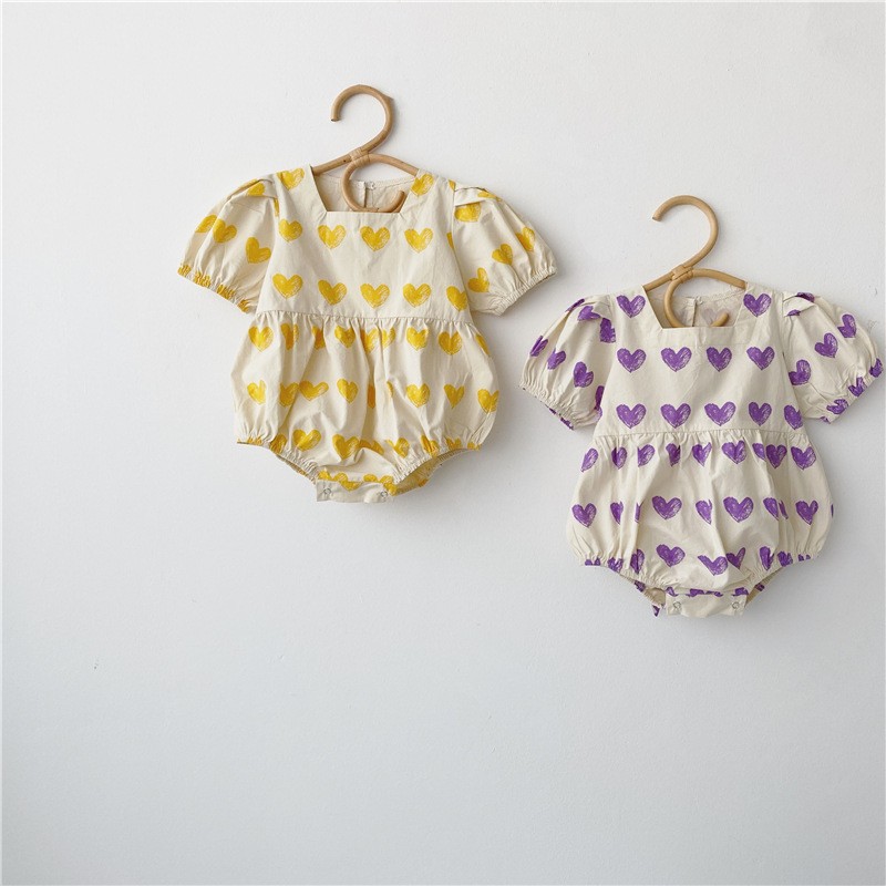 Baby Girls Rompers Baby Cute Hreat Print Summer Clothes Short Sleeve Infant Square Collar Infant Outfit Jumpsuit Clothes