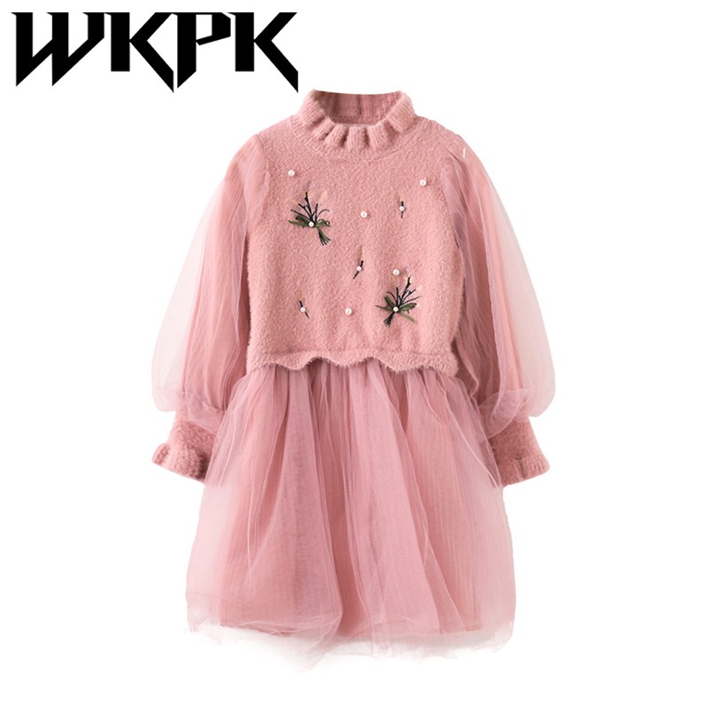 WKPK New Spring Autumn Girls Dress Leisure Fashion Children Clothes Pearl Long Sleeve Children Dresses Comfortable Soft Gauze Skirt