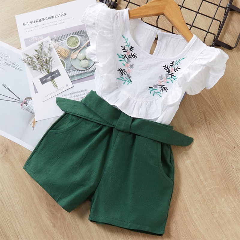 Menoea 2022 New Spring Summer Kids Girls Clothes Sets Fashion Flower Embroidery T-shirts+Bow Shorts 2Pcs Suits Children Clothing