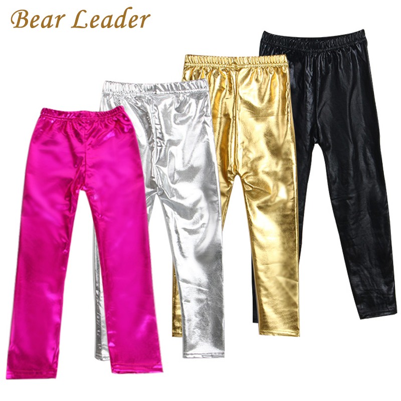 Bear Leader 2022 Spring New Style 4-8 Years Slim Gold Black Red Silver Kids Leather Pants Baby Girls Boys