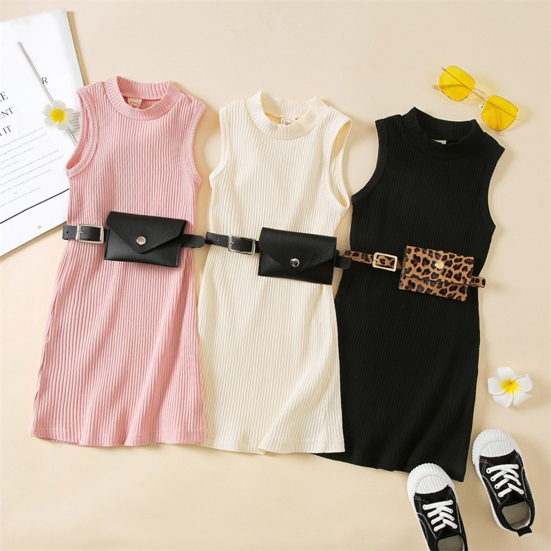 Girls Casual Dresses 2022 New Summer Kids Baby Solid Color Sleeveless Costumes Belt Bag Birthday Party Princess Vestidos