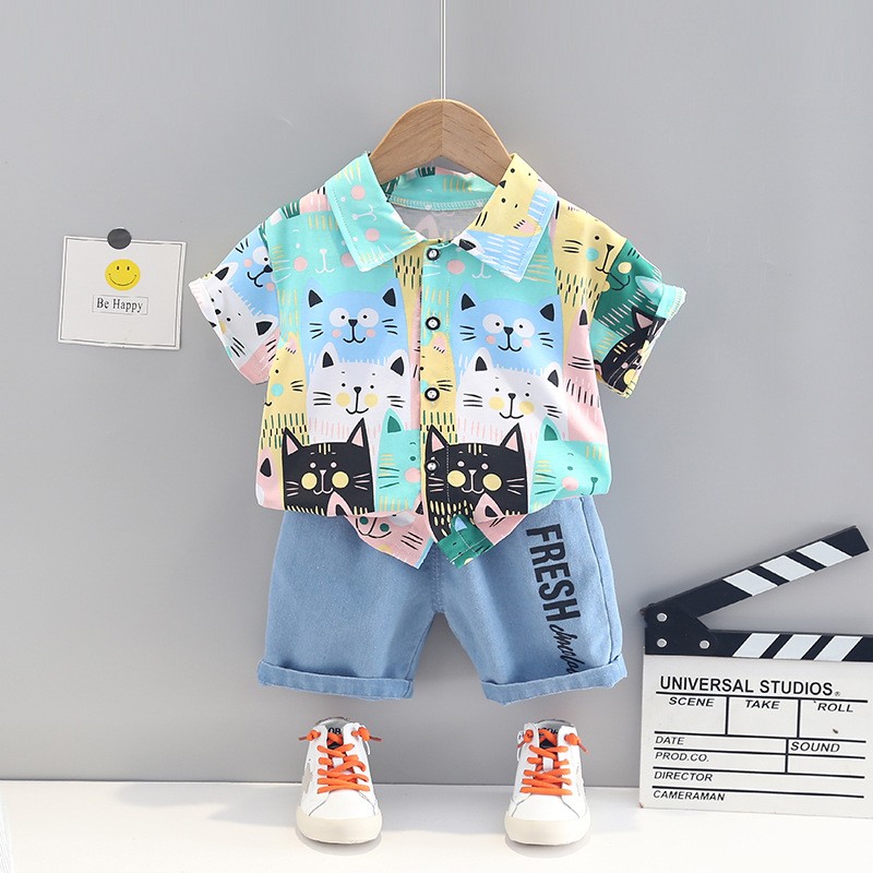 Baby Boy Boys Clothes Cotton Short Sleeve Animal Print Gentleman T-shirts Short Jeans Set Baby Outfits Boy's Clothing Suit