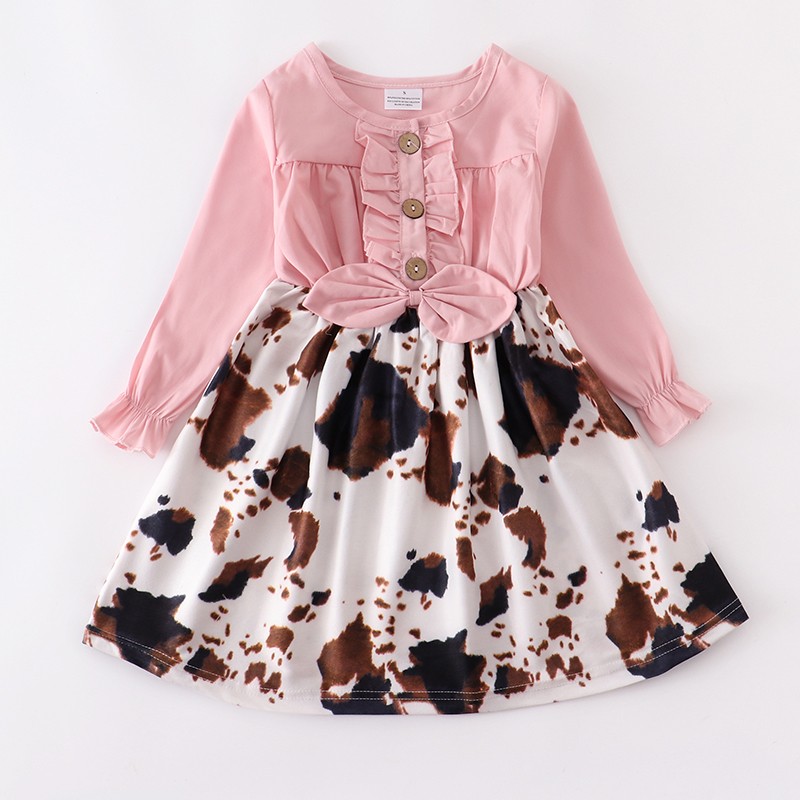 Girlymax Fall/Winter Baby Girls Children Clothing Pink Cow Print Denim Dress Milk Silk Boutique Long Sleeve Knee Length