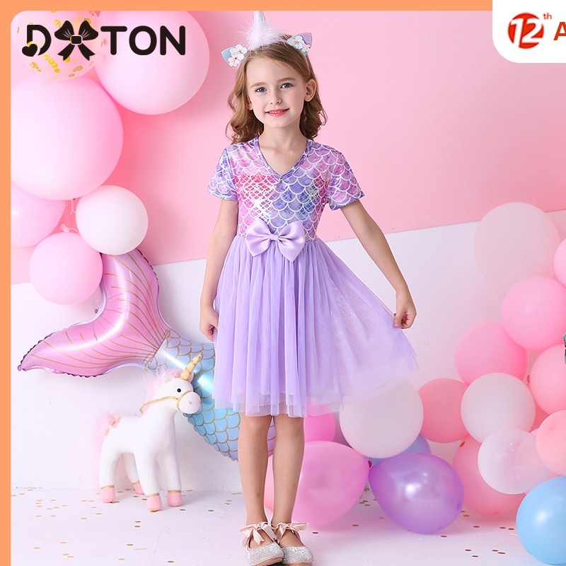 DXTON New Girls Dresses Summer Bow Tutu Princess Dress for Kids V-neck Wedding Party Girls Costumes Elegant Girls Dress 3-8y