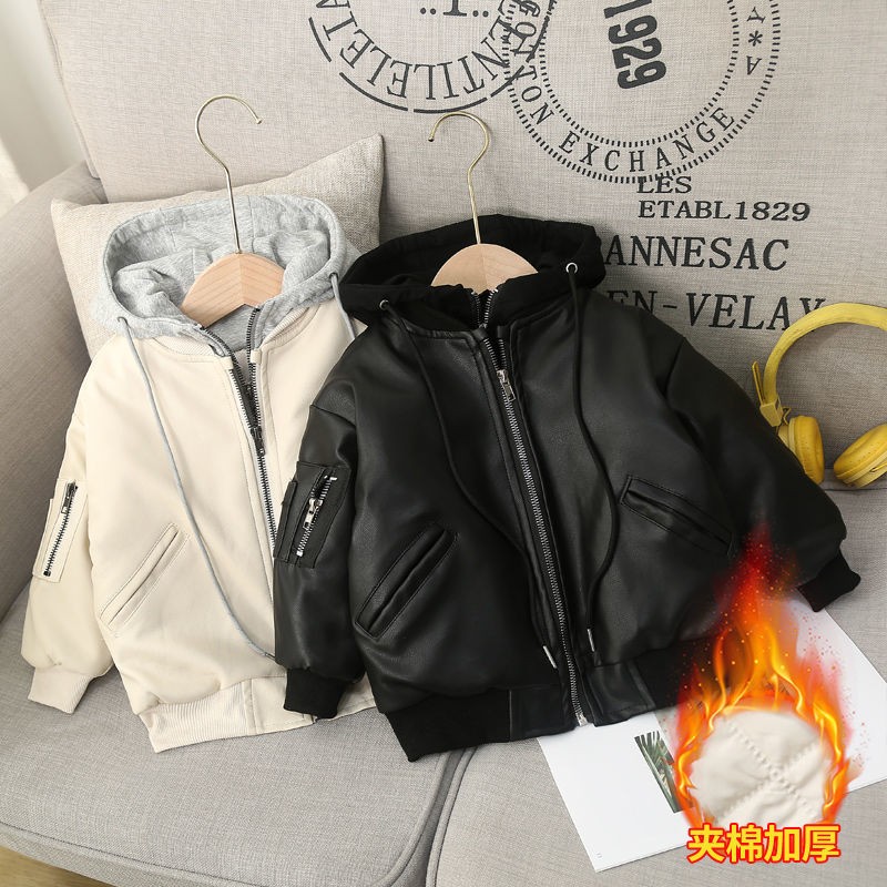 Pu Leather Kids Jacket Autumn and Winter Baby Waterproof Coat Baby Boys Leather Jackets Warm Thick Hooded Children's Clothing