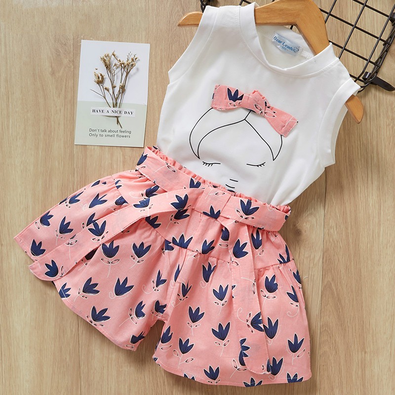 Girls clothes set 2022 new summer sleeveless T-shirt and print bow shorts for girl kids clothes children clothing 3 5 7 years