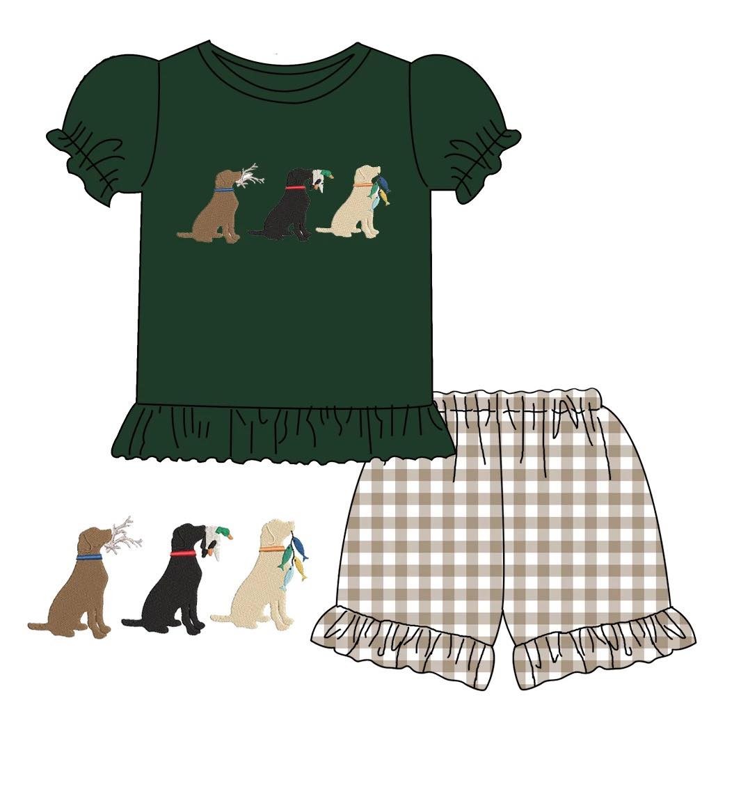 Clothing Sets For Baby Girl Cute Dark Green Three Dog Floral T-shirt Coffee Lattice Casual Sports Pants Kids Outfits For Summer