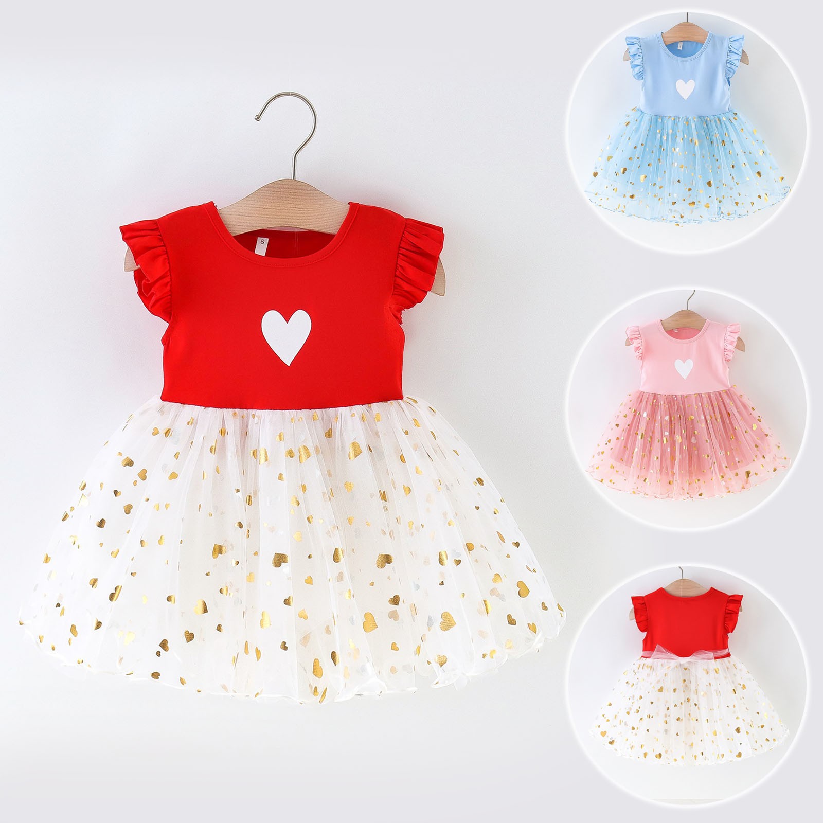 Summer Floral Ruffle Dress Toddler Baby Girls Floral Sleeve Heart Floral Print Dresses Sequins Tulle Princess Dress Party Dress