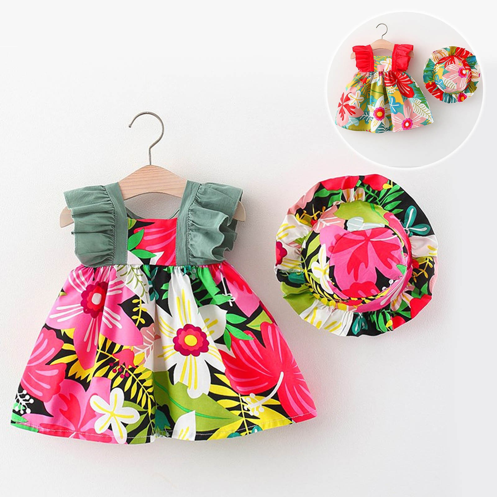 Summer Princess Dresses Baby Toddler Sleeveless Dress and Hat Set Holiday Party Dress Baby Girls Cute Ruffles Floral Dress