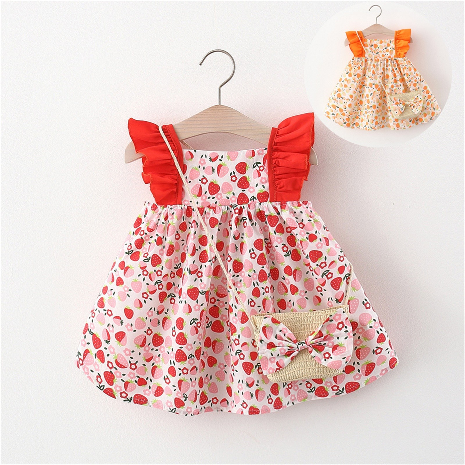 Summer Sleeveless Bowknot Dress Ruffles Floral Print Dress Bag Set Vacation Party Dress Toddler Infant Baby Girls Princess Dress