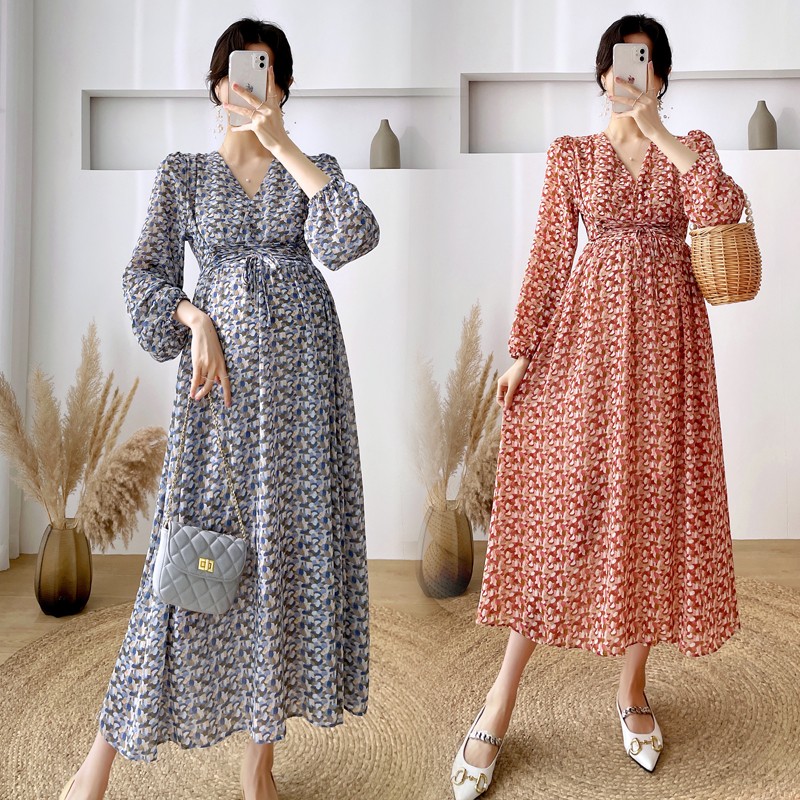 Spring Long Loose Pregnancy Floral Dresses Pregnant Women Clothes Loose Dress with Belt High Waist Maternity Chiffon Beach Dress