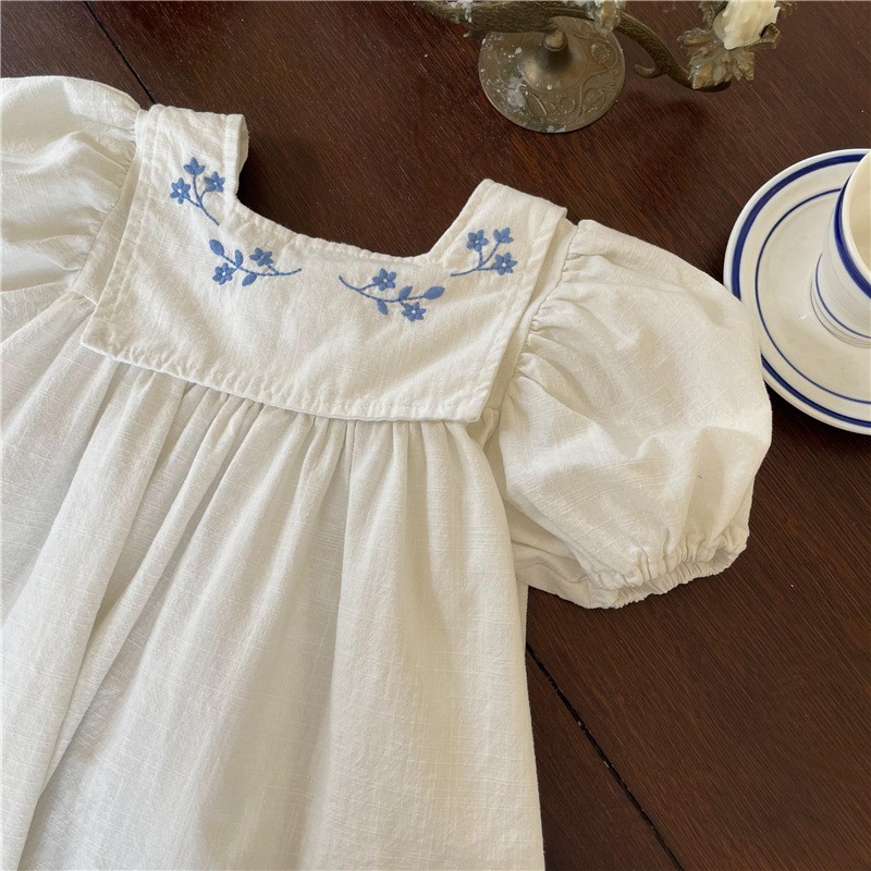 Aile Junmei 2022 Summer Girls Dress Cotton Linen Floral Sleeve Applique Korean Style Dress Children Princess Dress