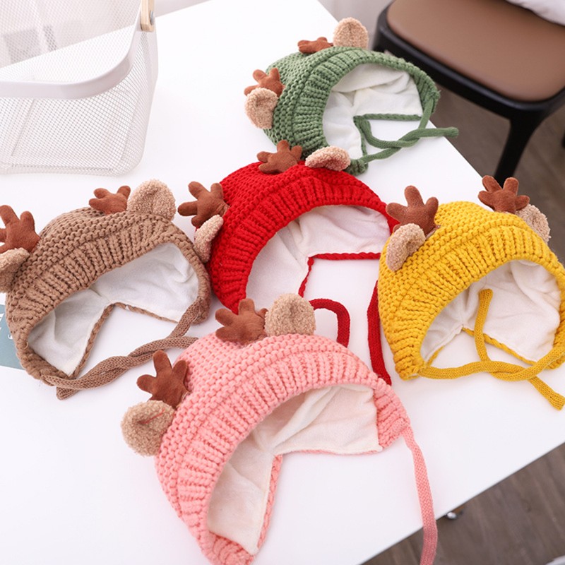 Cute Deer Elk Antlers Baby Hat Winter Warm Plush Knitted Ear Warmer Children Hat Bonnet Boys Girls Beanie Hat Christmas Hats