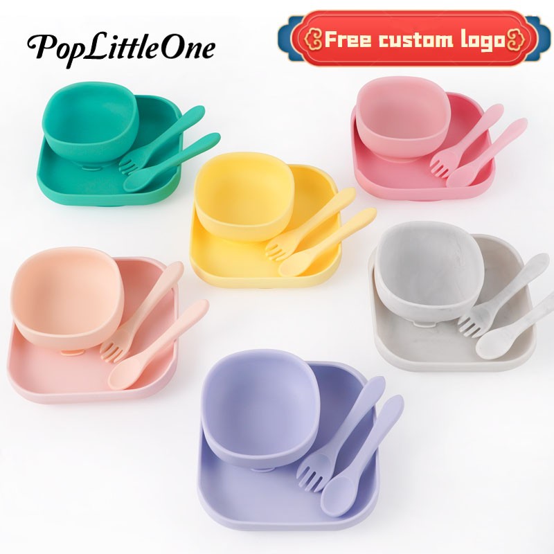 Macaron color square silicone dinner plate with suction bowl children complementary food tableware fork spoon baby supplies